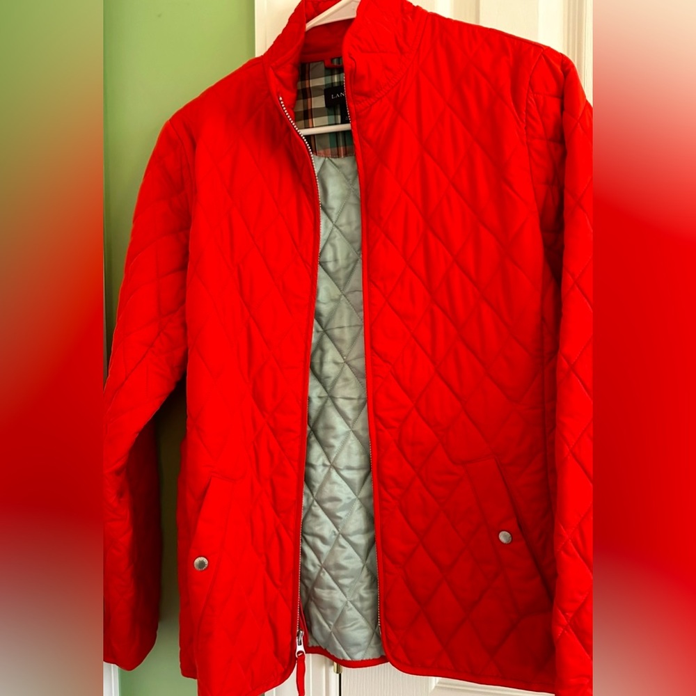 Lands End Womens Red Diamond Quilted Barn Jacket‎ XS 2-4 Plaid Lined Zip Up